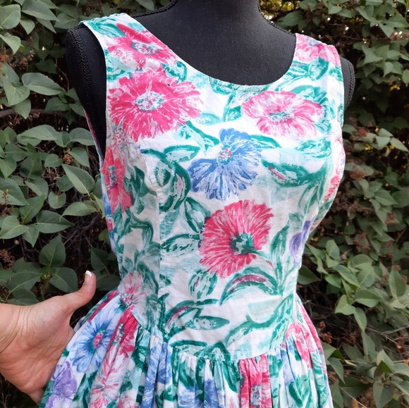 VTG 80s Honors Backless Floral Fit & Flare Dress S - Picture 3 of 16